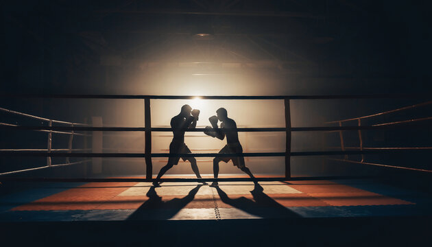 Two boxers sparring in a boxing ring with backlighting creating silhouettes.