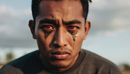 A young man with red eyes and tears, outdoors under cloudy sky.