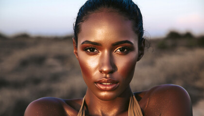 Close-up of a woman with glowing skin outdoors during sunset.