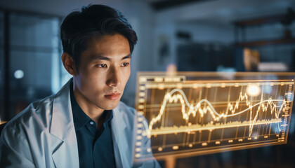 Scientist analyzing financial or stock market data on a transparent screen.