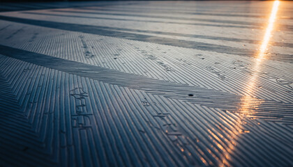 engraved metallic surface with intricate lines and text, illuminated by sunlight.