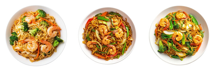 Top View of Delicious Shrimp Noodle Dishes with Fresh Vegetables in Bowls Isolated on Transparent Background