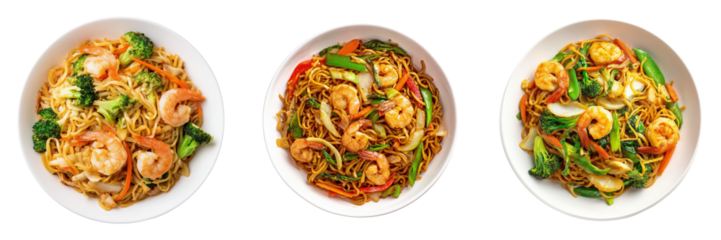 Top View of Delicious Shrimp Noodle Dishes with Fresh Vegetables in Bowls Isolated on Transparent Background