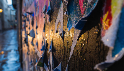 Close-up of colorful graffiti art with water droplets in warm lighting.