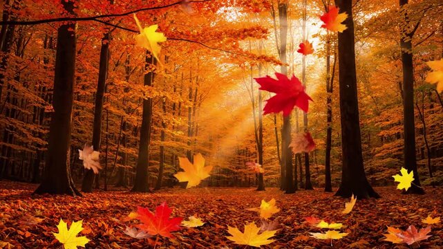 Wind swept leaf flurry falling leaves autumn Wide shot of a natural environment, where a gust of wind causes a flurry of dried autumn