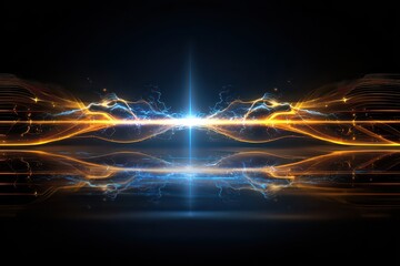 Abstract Data Stream Visualization with Orange and Blue Particles on Black Background with Optical Flares