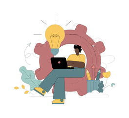 Self-employment. Remote work. Entrepreneurship. Businessman. Man sitting with a laptop in a gearbox. Vector.eps