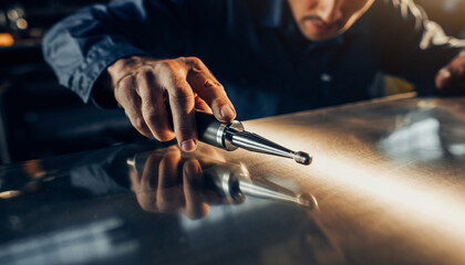 Person using a handheld tool on a metallic surface in a workshop setting.