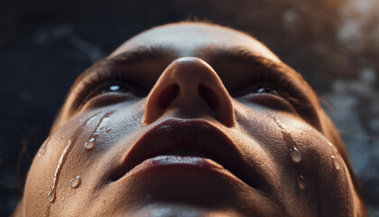 Close-up of a person's face with tears and water droplets, looking upward.