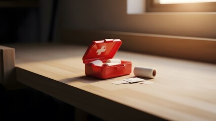 Emergency Kit Essentials: A small, red first aid kit sits open on a wooden surface, accompanied by a roll of bandages, suggesting readiness for immediate healthcare needs.