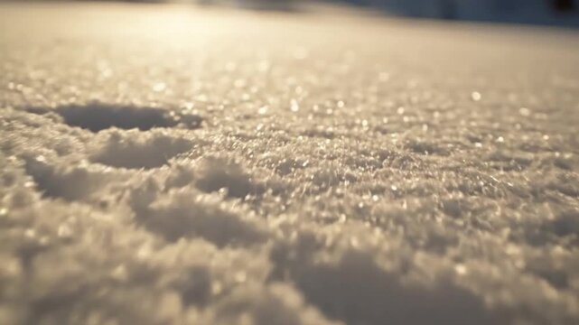 Slow motion shot of freshly fallen powder snow gently settling onto a frosted branch or icy surface, instantly creating a dazzling