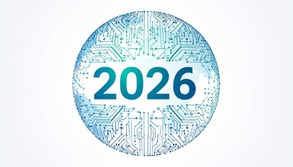 Futuristic circuit board globe with 2026 in center