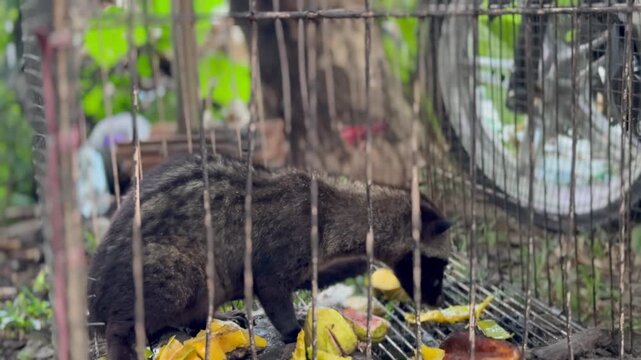 Asian palm civet kept in a metal cage eating fruit in an outdoor setting.