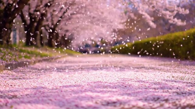 Blossom Carpeted Ground cherry blossom spring Ground level or slightly elevated view of a tranquil path, grass, or forest floor