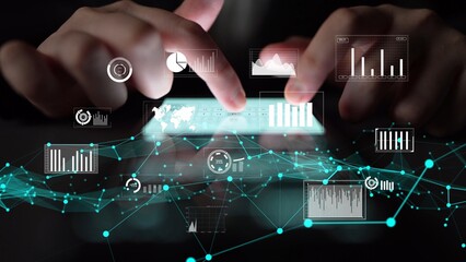 A pair of hands interacts with a digital dashboard featuring various data visualizations, charts, and graphs. Ideal for themes of business analytics and technology. Xenic