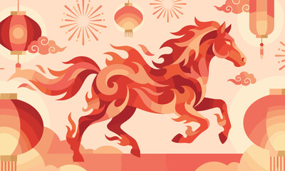 Illustration of a Fire Horse in mid-gallop with traditional lanterns and fireworks in a vibrant, festive scene for Chinese New Year.