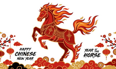 Vibrant illustration of a fire horse in traditional Chinese New Year design with 'Happy Chinese New Year' and 'Year of the Horse' text in red and gold hues on white background.