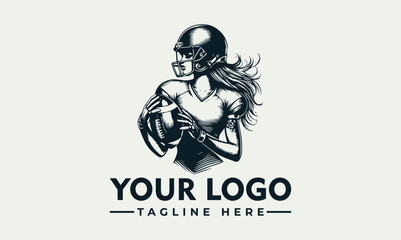 Vector logo design featuring a female American football player with long hair holding a ball, wearing a helmet, on a plain background with space for a tagline and customizable text.
