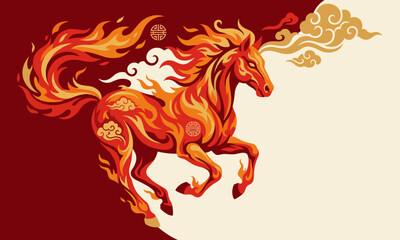 A fire horse in motion with flames and smoke, set against a bold red and beige background for Chinese New Year concept.