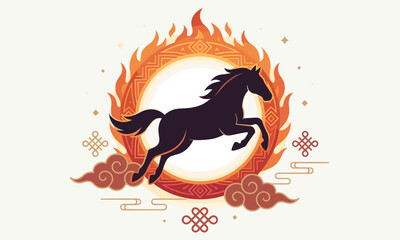 A black horse running through flames in a circular design with Chinese New Year elements and a warm color scheme.