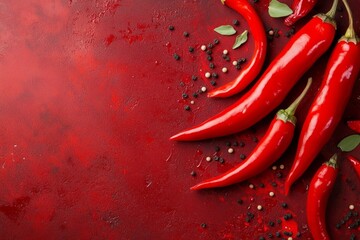 Red chili peppers showing hot and spicy flavor, copy space