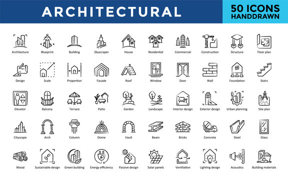 Architectural icons set with architecture, energy efficiency, passive design, ventilation, lighting design, acoustics, building materials icon. Simple hand drawn vector 

