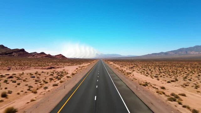 Shot across a dry, parched field towards a distant tree line or mountain range, obscured by heat haze heat shimmer summer Mid height,