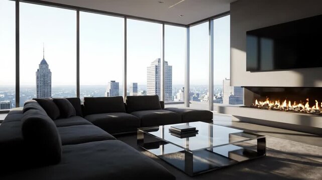 Modern living room with expansive city views. Features a sleek, dark sofa, glass coffee table, fireplace, and flat-screen TV. Large windows offer breathtaking cityscape panoramas