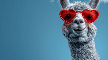 Fototapeta premium Llama wearing red heart sunglasses looking funny, copy space