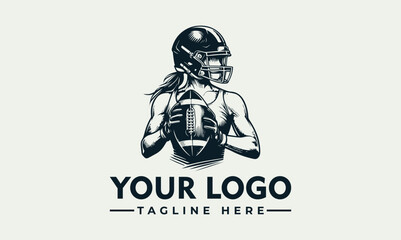 Vector logo illustration of a female American football player holding a ball with a helmet on, with space for a logo and tagline in a modern design.
