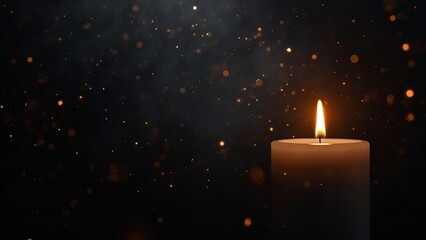 A single lit candle in a dark room with a starry night sky background
