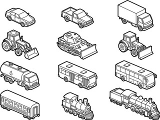 Isometric black line transportation vehicles collection featuring cars trucks buses tractors trains and construction equipment vector illustration set © VectoBloom