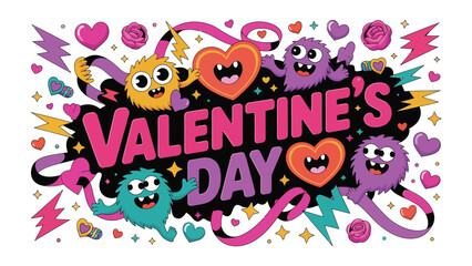 Valentine's Day Delight: A vibrant illustration showcasing playful monsters and heart-shaped elements, celebrating the spirit of love and affection.