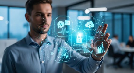 Man interacting with AI cloud upload and security data interface artificial intelligence