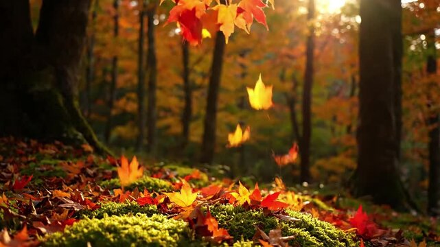 Forest Floor Carpet maple leaves autumn Ground level perspective of a thick, natural carpet of fallen maple leaves in various shades,