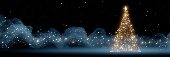 Minimal glowing outline tree stands beside shimmering cloudy band under starry expanse.