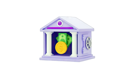 3D Bank Building with Money and Coin on transparent background