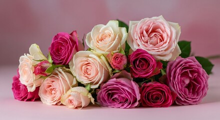 Naklejka premium A lush bouquet of pink and white roses adorned with water droplets on a soft pink background