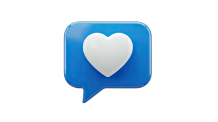 3D Blue speech bubble with white heart icon on transparent background