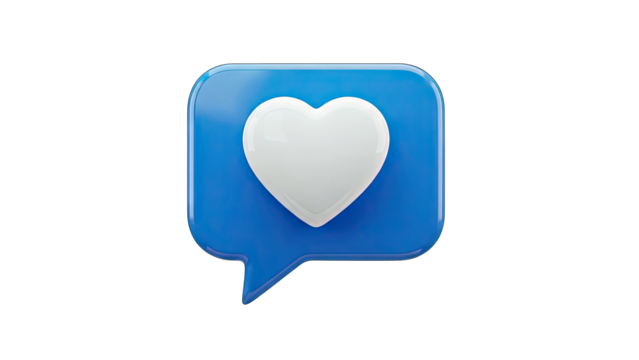 3D Blue speech bubble with white heart icon on transparent background - Powered by Adobe
