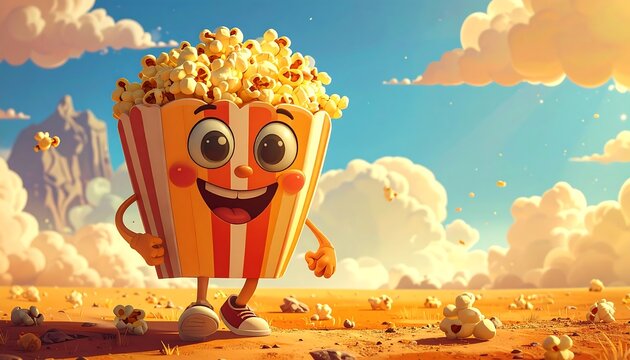 A smiling, anthropomorphic popcorn bucket stands in a whimsical cartoon landscape with fluffy clouds and a bright blue sky