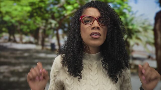 Woman with raised hands and red glasses amid sunlit tree lined park path and visible curly hair; confusion.