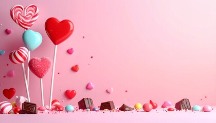 Colorful heart-shaped lollipops and chocolates on pink background