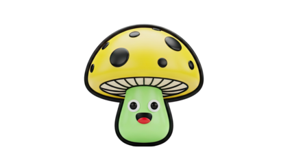 3D Cute Cartoon Mushroom Character with Happy Face on transparent background