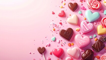 Colorful heart-shaped candies on pink background, romantic treats