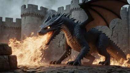 Dragon Breathing Fire in Front of a Medieval Castle.