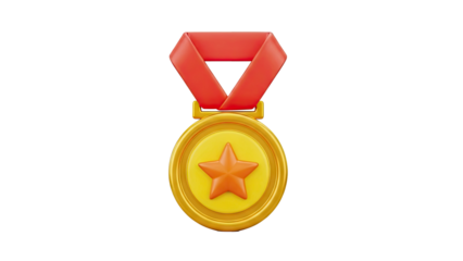 3D Gold medal with red ribbon and orange star on transparent background