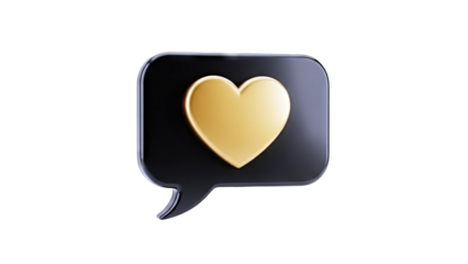 3D Golden heart inside black speech bubble on transparent background