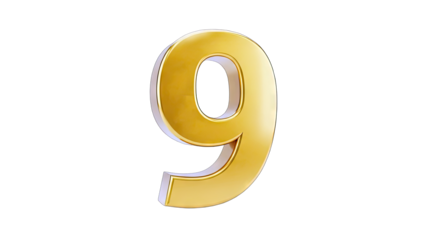 3D Golden Number 9 with Metallic Shine on transparent background