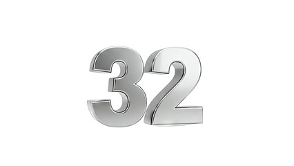 3D Silver Number 32 with Chrome Finish on transparent background